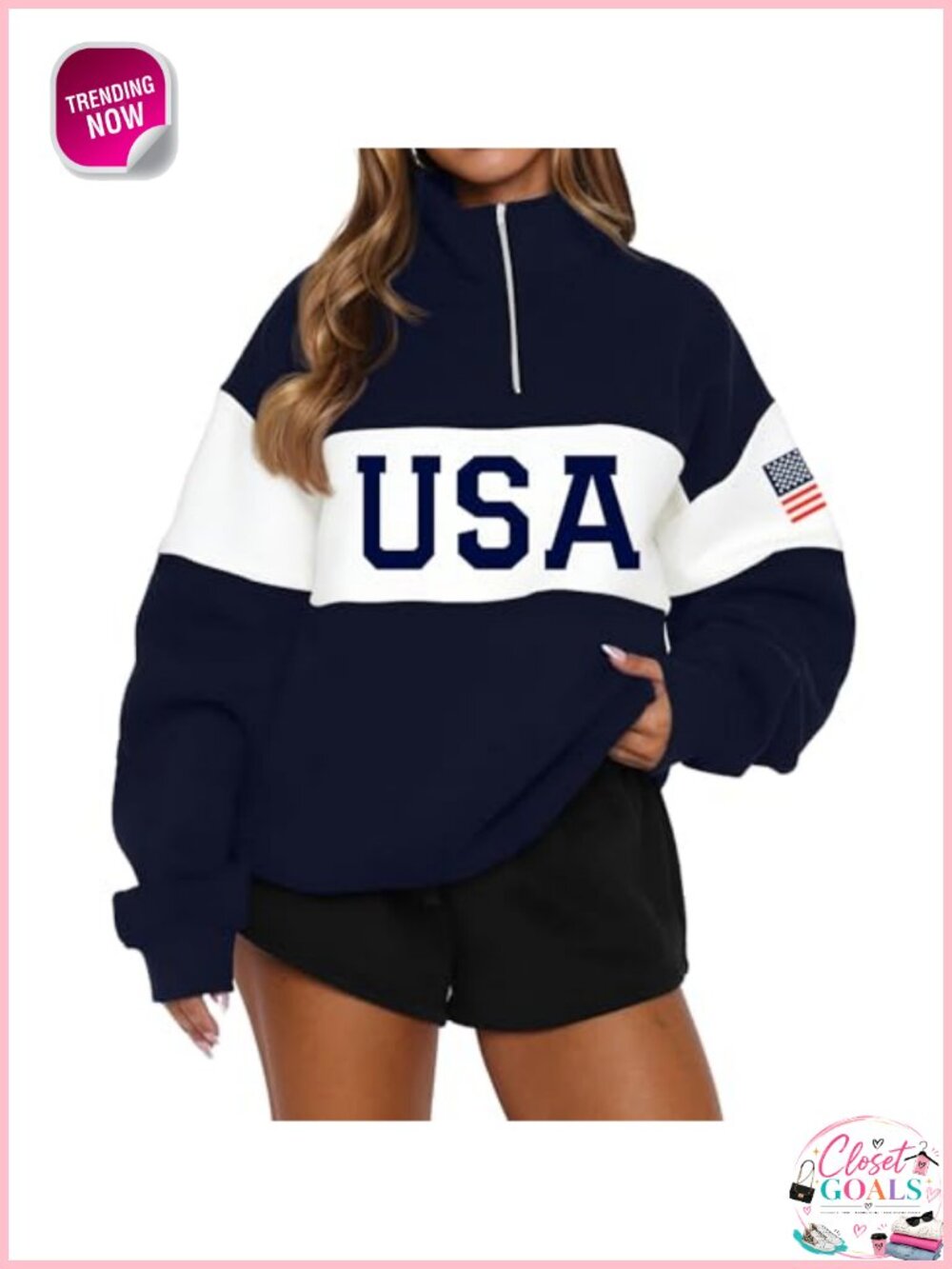 Women Long Sleeve Half Zip American Flag Sweatshirt Fleece Lined